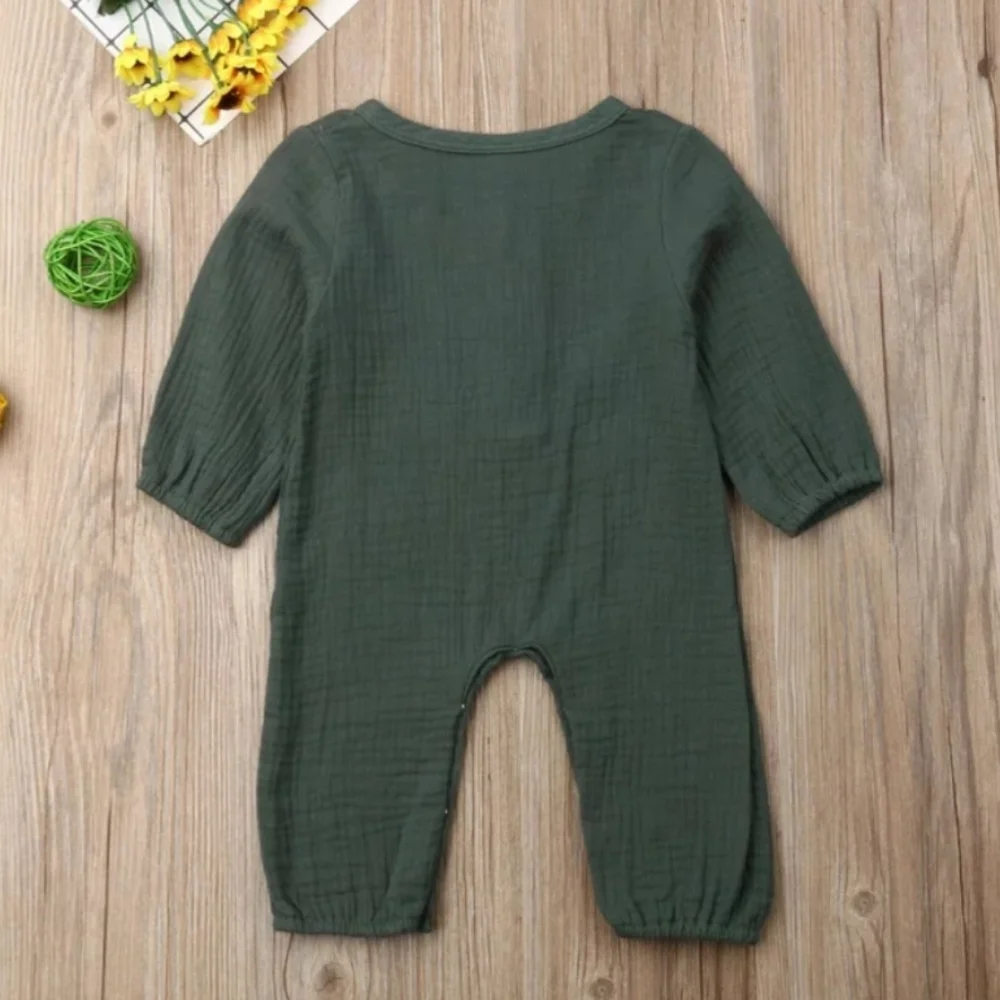 Baby Boy Girl Muslin Cotton Romper Jumpsuit Long Sleeve Hunter Green Boho Outfit